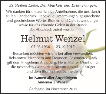 Traueranzeige von Helmut Wenzel von Super Sonntag Wittenberg