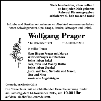 Traueranzeige von Wolfgang Prager von WVG - Wochenspiegel Quedlinburg