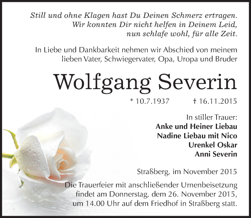  Traueranzeige für Wolfgang Severin vom 20.11.2015 aus Mitteldeutsche Zeitung Quedlinburg