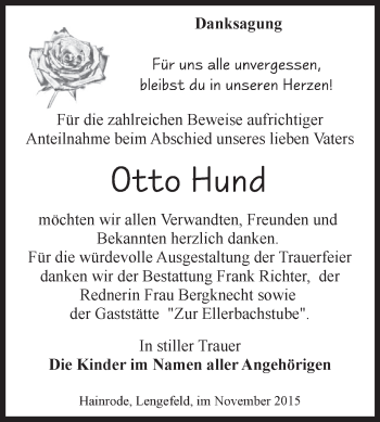 Traueranzeige von Otto Hund von Super Sonntag SGH Mansf. Land