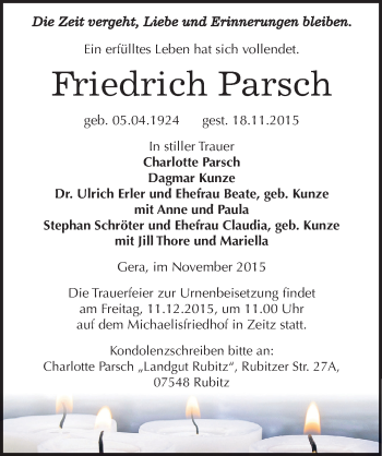 Traueranzeige von Friedrich Parsch von Mitteldeutsche Zeitung Zeitz