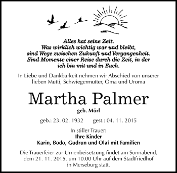 Traueranzeige von Martha Palmer von Mitteldeutsche Zeitung Merseburg/Querfurt