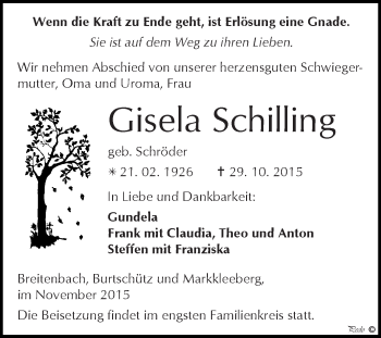 Traueranzeige von Gisela Schilling von Super Sonntag Zeitz