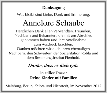 Traueranzeige von Annelore Schaube von Mitteldeutsche Zeitung Sangerhausen