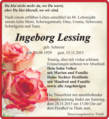Traueranzeige von Ingeborg Lessing von Mitteldeutsche Zeitung Quedlinburg