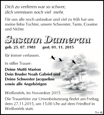 Traueranzeige von Susann Damerau von WVG - Wochenspiegel NMB / WSF / ZTZ
