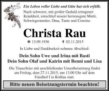 Traueranzeige von Christa Rau von WVG - Wochenspiegel Dessau / Köthen