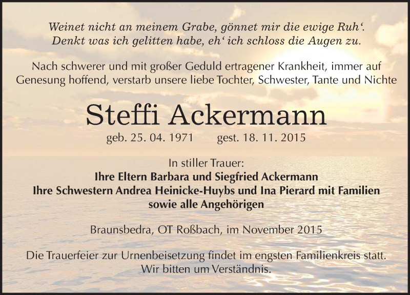  Traueranzeige für Steffi Ackermann vom 28.11.2015 aus Mitteldeutsche Zeitung Merseburg/Querfurt