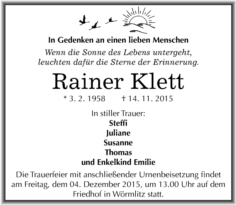 Traueranzeige für Rainer Klett vom 28.11.2015 aus Mitteldeutsche Zeitung Halle/Saalkreis