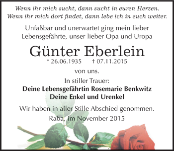 Traueranzeige von Günter Eberlein von Mitteldeutsche Zeitung Zeitz