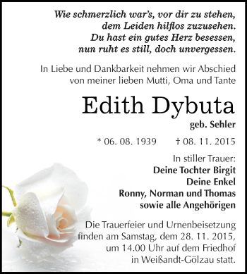 Traueranzeige von Edith Dybuta von WVG - Wochenspiegel Dessau / Köthen
