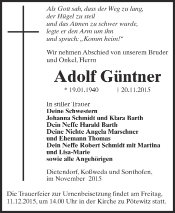 Traueranzeige von Adolf Güntner von Super Sonntag Zeitz