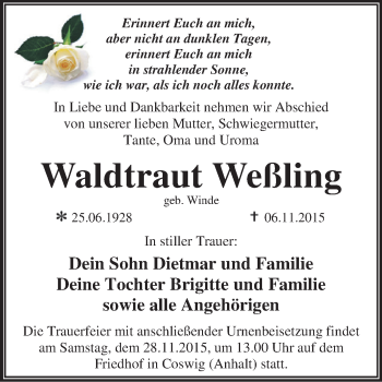 Traueranzeige von Waldtraut Weßling von WVG - Wochenspiegel Dessau / Köthen
