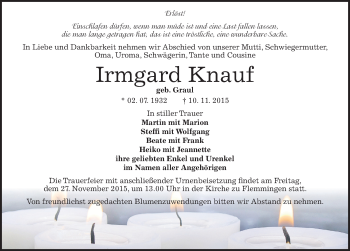 Traueranzeige von Irmgard Knauf von Mitteldeutsche Zeitung Naumburg/Nebra