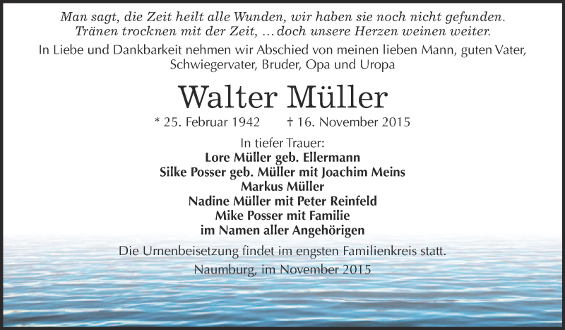  Traueranzeige für Walter Müller vom 25.11.2015 aus WVG - Wochenspiegel NMB / WSF / ZTZ