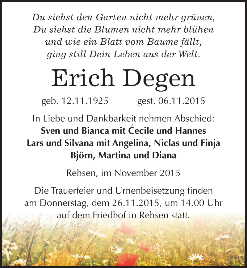 Traueranzeige für Erich Degen vom 10.11.2015 aus Mitteldeutsche Zeitung Wittenberg