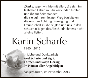 Traueranzeige von Karin Scharfe von Super Sonntag SGH Mansf. Land