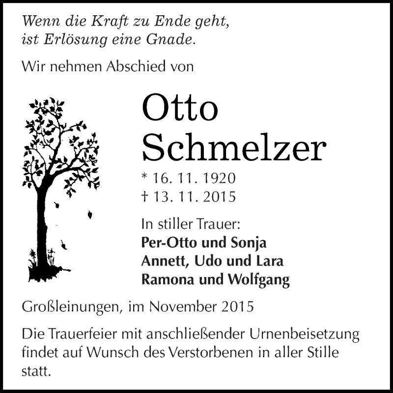  Traueranzeige für Otto Schmelzer vom 21.11.2015 aus Super Sonntag SGH Mansf. Land