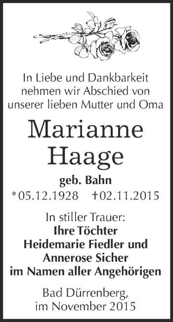 Traueranzeige von Marianne Haage von Super Sonntag Merseburg