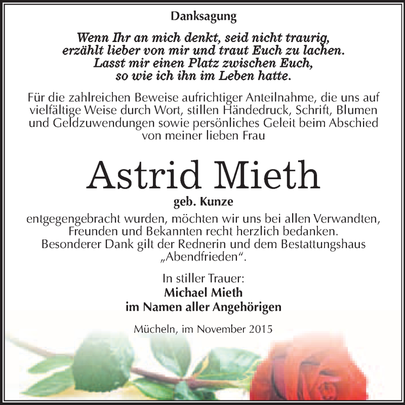  Traueranzeige für Astrid Mieth vom 07.11.2015 aus WVG - Wochenspiegel Merseburg