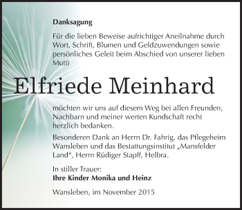 Traueranzeige von Elfriede Meinhard von Mitteldeutsche Zeitung Mansfelder Land