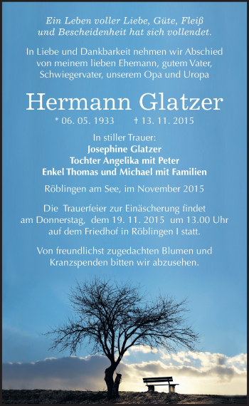 Traueranzeige von Hermann Glatzer von Mitteldeutsche Zeitung Mansfelder Land