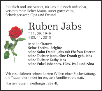 Traueranzeige von Ruben Jabs von WVG - Wochenspiegel NMB / WSF / ZTZ