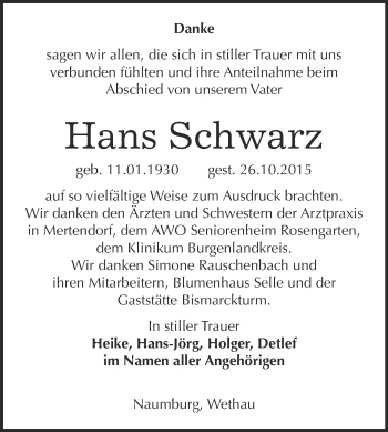 Traueranzeige von Hans Schwarz von WVG - Wochenspiegel NMB / WSF / ZTZ