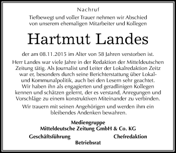 Traueranzeige von Hartmut Landes von Mitteldeutsche Zeitung
