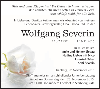 Traueranzeige von Wolfgang Severin von WVG - Wochenspiegel Quedlinburg