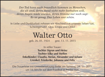 Traueranzeige von Walter Otto von WVG - Wochenspiegel NMB / WSF / ZTZ