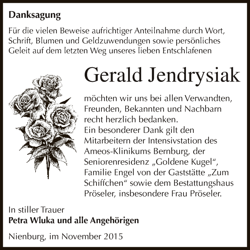  Traueranzeige für Gerald Jendrysiak vom 21.11.2015 aus Super Sonntag Bernburg
