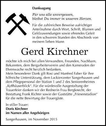 Traueranzeige von Gerd Kirchner von Mitteldeutsche Zeitung Sangerhausen
