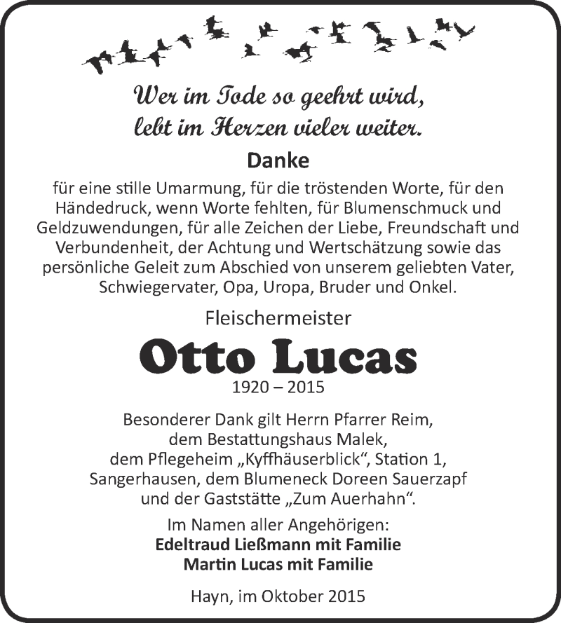  Traueranzeige für Otto Lucas vom 07.11.2015 aus WVG - Wochenspiegel Quedlinburg