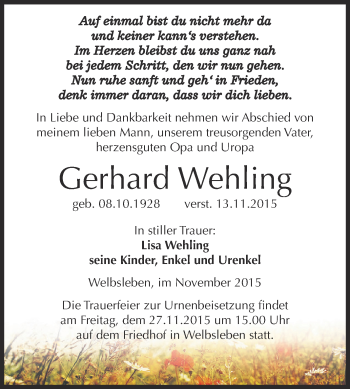 Traueranzeige von Gerhard Wehling von Super Sonntag SGH Mansf. Land