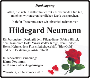 Traueranzeige von Hildegard Neumann von Mitteldeutsche Zeitung Quedlinburg