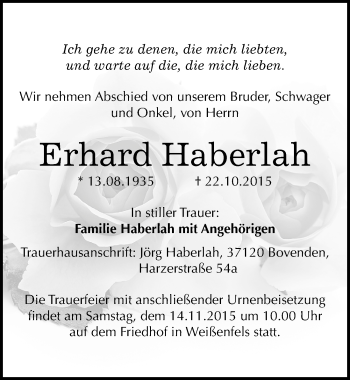 Traueranzeige von Erhard Haberlah von Mitteldeutsche Zeitung Weißenfels