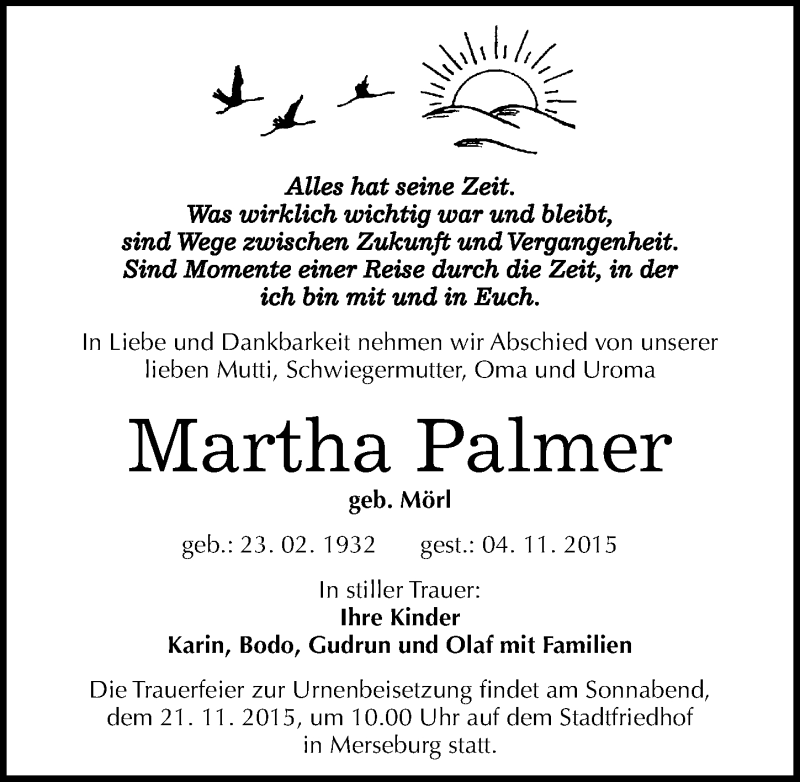  Traueranzeige für Martha Palmer vom 14.11.2015 aus Mitteldeutsche Zeitung Merseburg/Querfurt