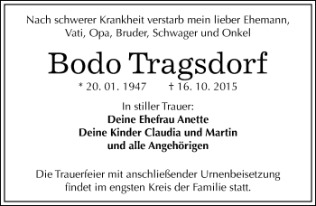 Traueranzeige von Bodo Tragsdorf von Mitteldeutsche Zeitung Dessau-Roßlau