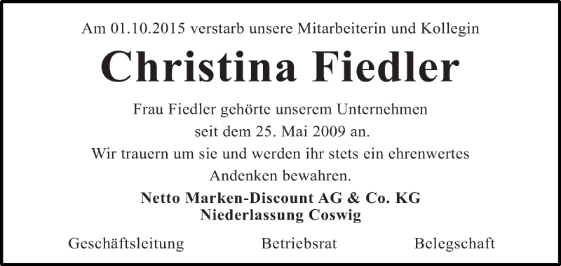  Traueranzeige für Christina Fiedler vom 07.11.2015 aus WVG - Wochenspiegel Halle