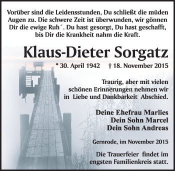 Traueranzeige von Klaus-Dieter Sorgatz von Mitteldeutsche Zeitung Quedlinburg