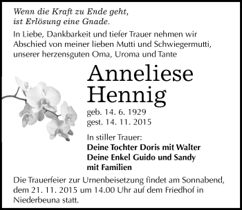 Traueranzeige von Anneliese Hennig von Mitteldeutsche Zeitung Merseburg/Querfurt
