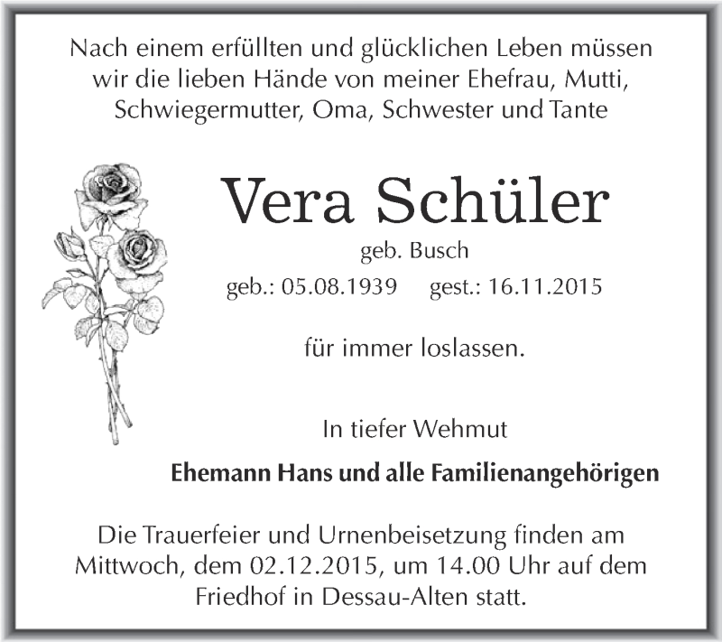  Traueranzeige für Vera Schüler vom 21.11.2015 aus WVG - Wochenspiegel Dessau / Köthen