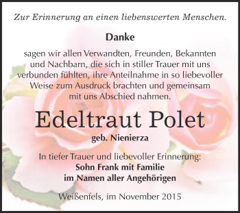 Traueranzeige von Edeltraut Polet von WVG - Wochenspiegel NMB / WSF / ZTZ