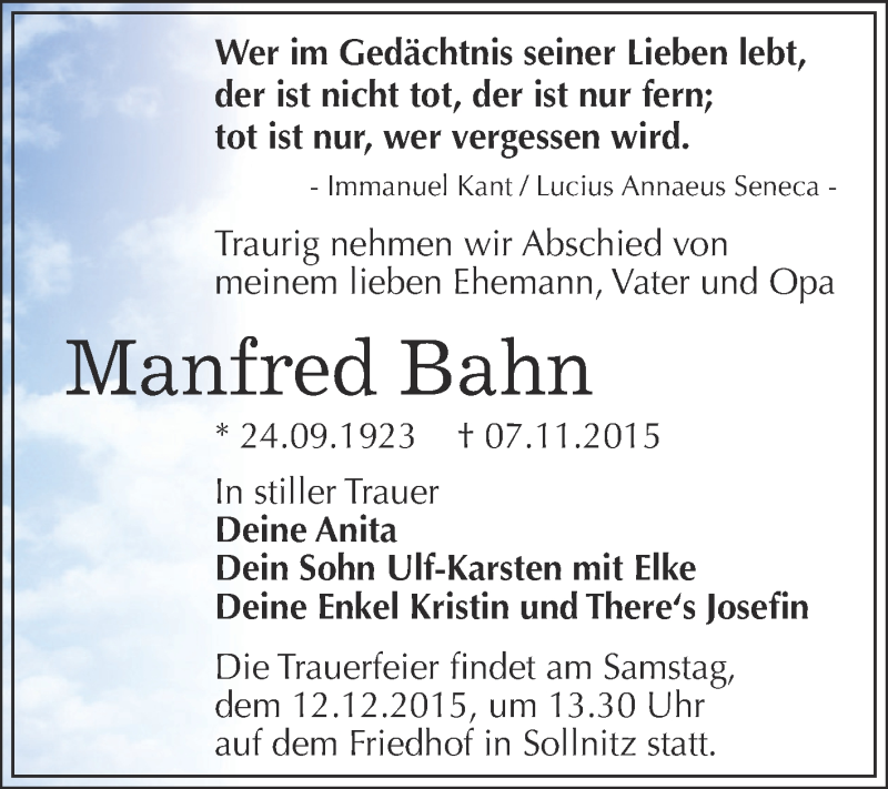  Traueranzeige für Manfred Bahn vom 28.11.2015 aus WVG - Wochenspiegel Dessau / Köthen