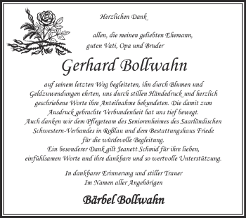 Traueranzeige von Gerhard Bollwahn von WVG - Wochenspiegel Dessau / Köthen