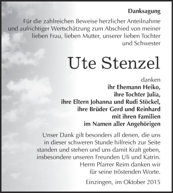 Traueranzeige von Ute Stenzel von WVG - Wochenspiegel NMB / WSF / ZTZ