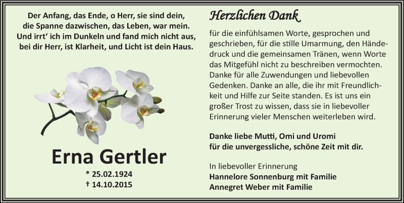 Traueranzeige für Erna Gertler vom 14.11.2015 aus Mitteldeutsche Zeitung Zeitz