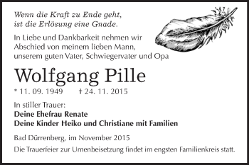 Traueranzeige von Wolfgang Pille von Super Sonntag Merseburg