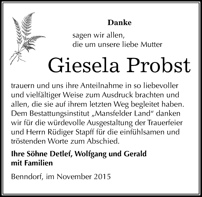  Traueranzeige für Giesela Probst vom 18.11.2015 aus Mitteldeutsche Zeitung Mansfelder Land